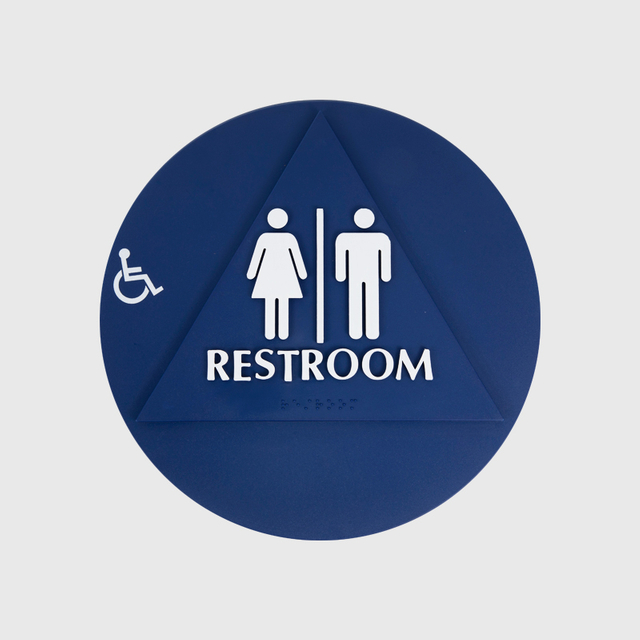 Blue Restroom with Man, Woman, And Wheelchair Bathroom Sign 