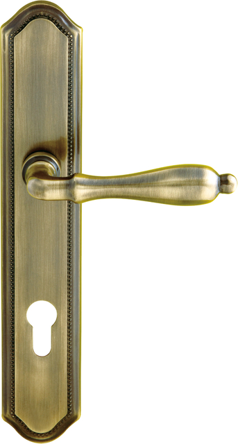Brass Antique Door Lever Handle on Long Backplate with Keyhole