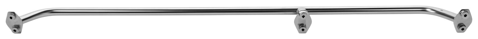 Polished stainless steel handrail with bent ends and three mounting flanges